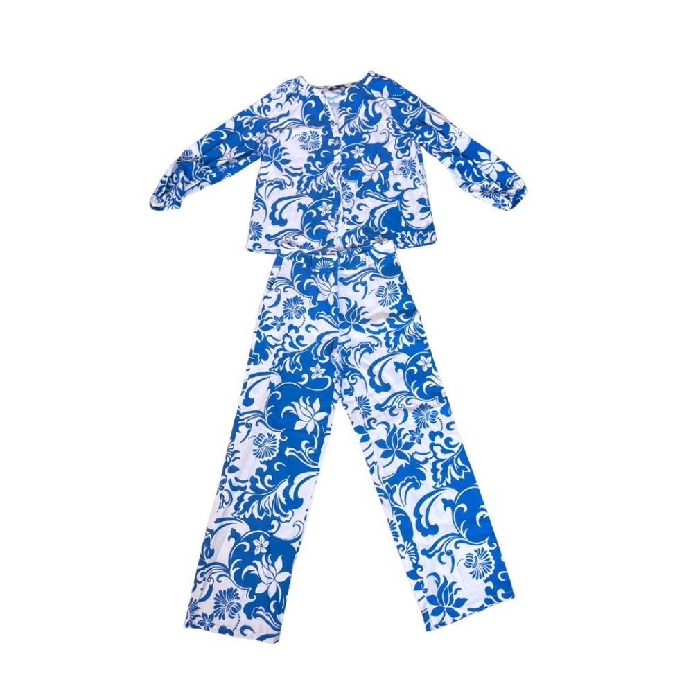 SET (top and pants)  - Zara Blue and White Floral Linen Blend  - Size M
